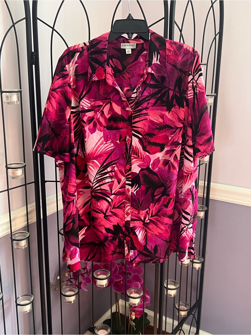 Catherines Pink Floral Short-Sleeve Button-Up Top